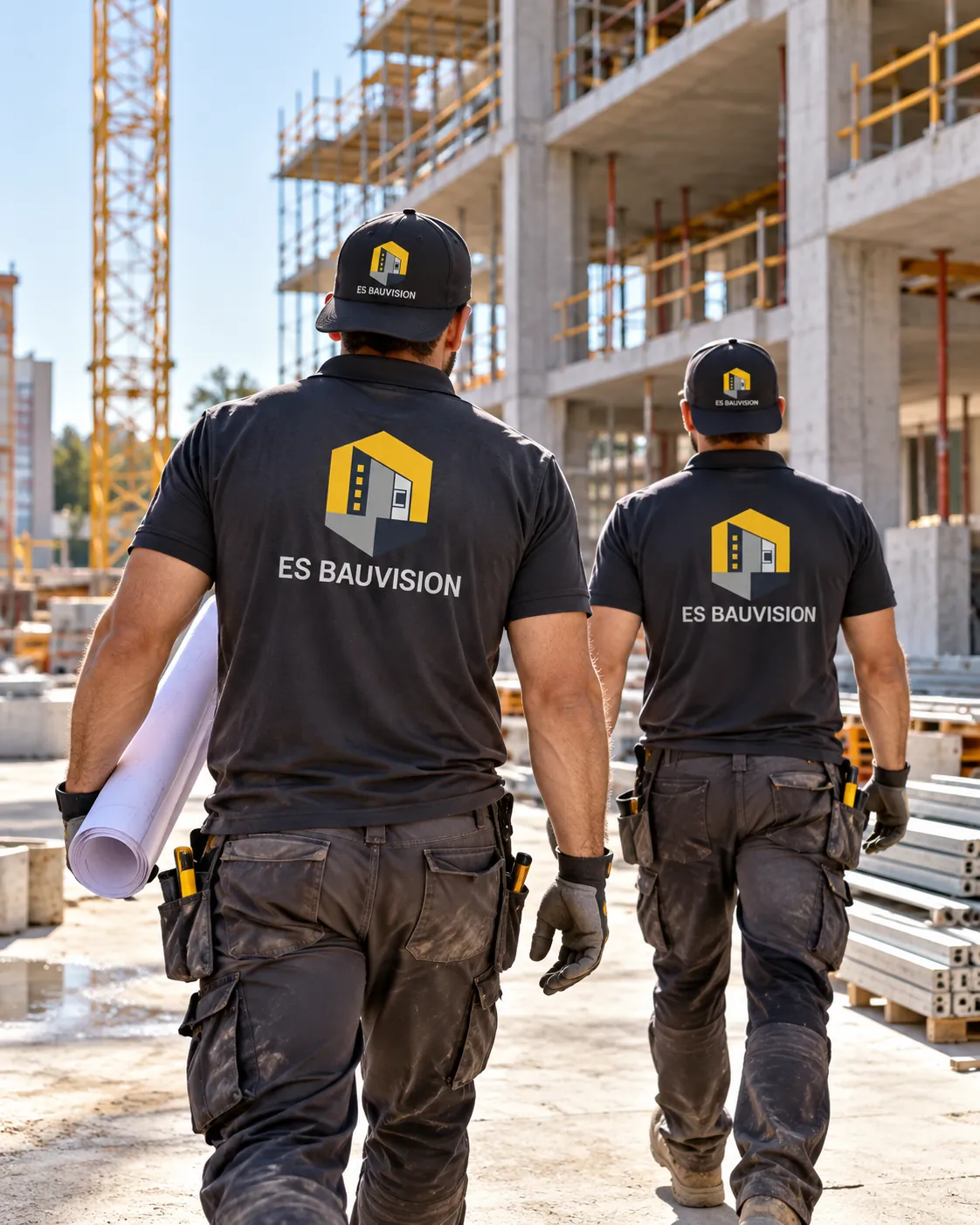Team von ES Bauvision mit Bauplänen auf der Baustelle – ES Bauvision