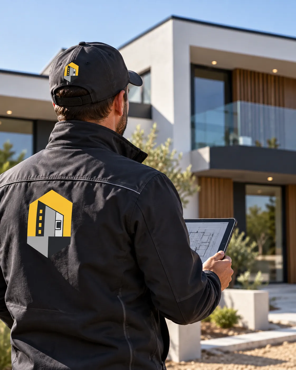 Bauleitung von ES Bauvision mit Tablet vor einem Neubau – ES Bauvision